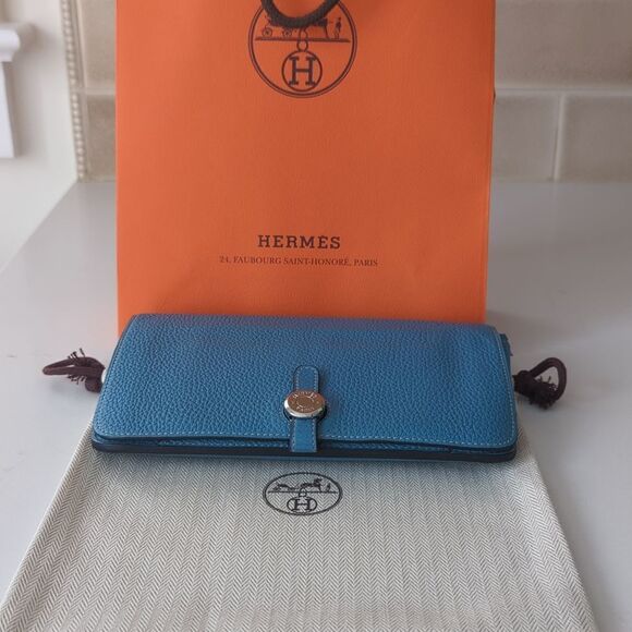 HERMES] Hermes Dogon Togo Blue Jean Blue □ J engraved  Hermès Dogon Duo Wallet Blue Jean Togo